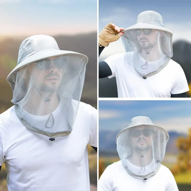 Vendioer Mosquito Safari Mesh Net Hat with Neck Flap, Sun Protection Women Men Bug Cap, Hidden Netting Boonie for Fishing