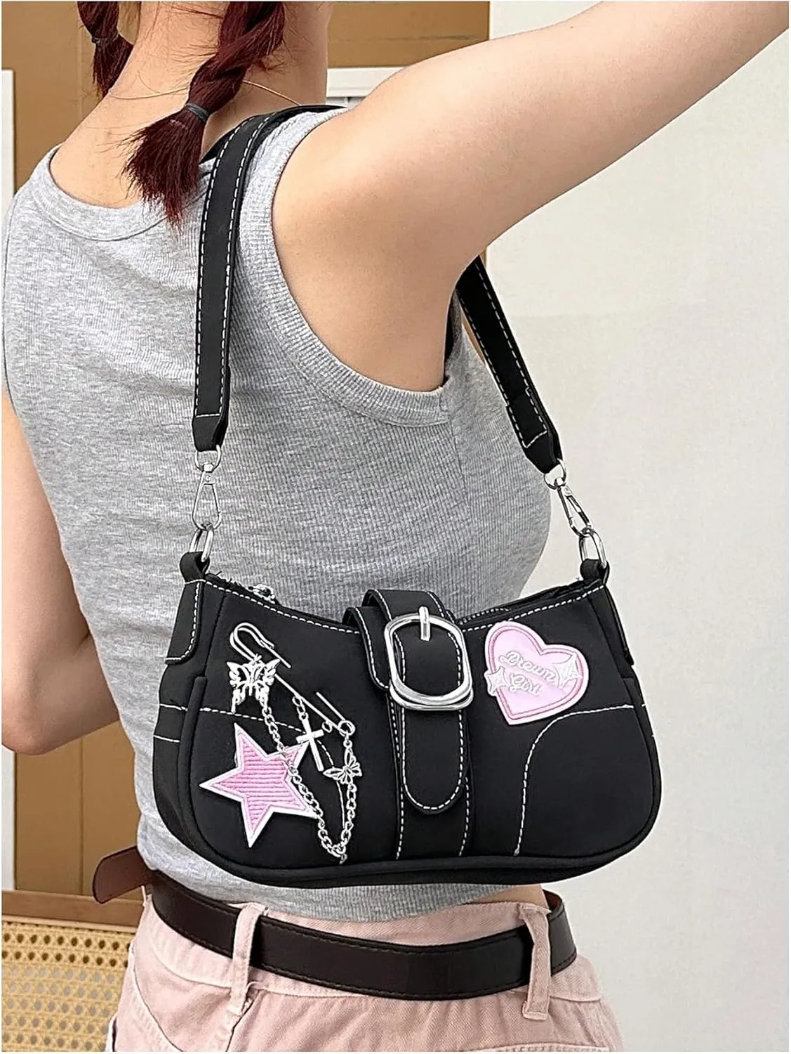 Verdusa Women's Y2k Star Embroidery Shoulder Bag Mini Chain Hobo Handbag Purses