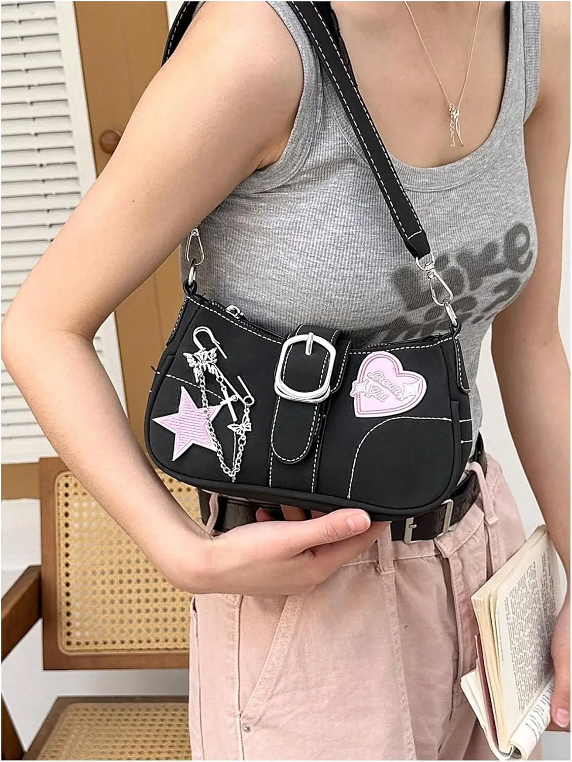 Verdusa Women's Y2k Star Embroidery Shoulder Bag Mini Chain Hobo Handbag Purses
