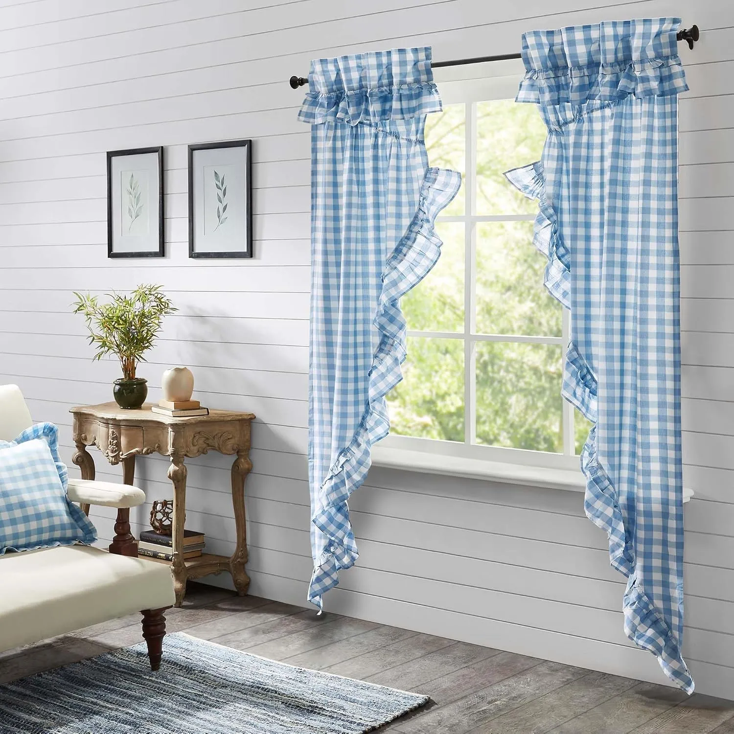 VHC Brands Annie Blue Buffalo Check Farmhouse Ruffled Prairie Long Panel Curtain Set 84x36x19