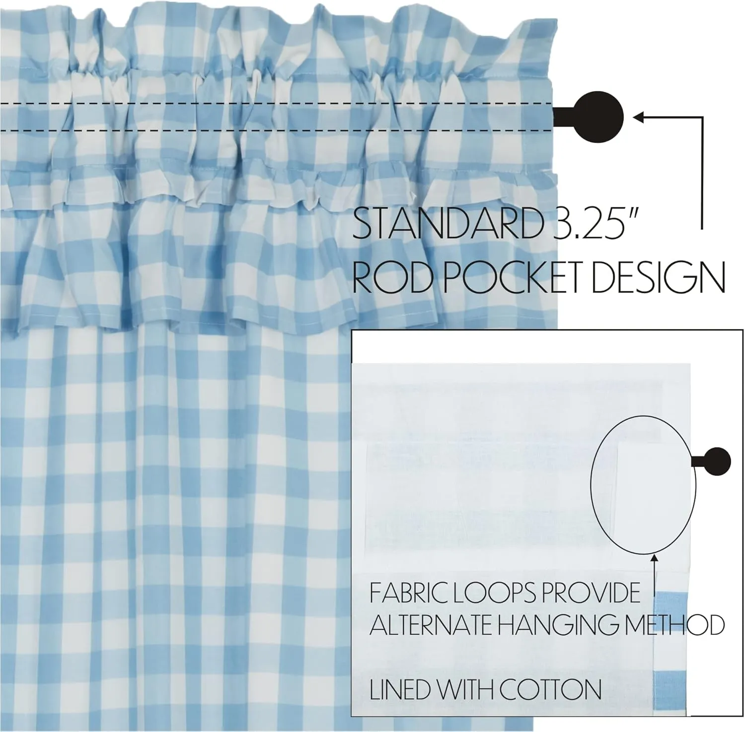 VHC Brands Annie Blue Buffalo Check Farmhouse Ruffled Prairie Long Panel Curtain Set 84x36x19