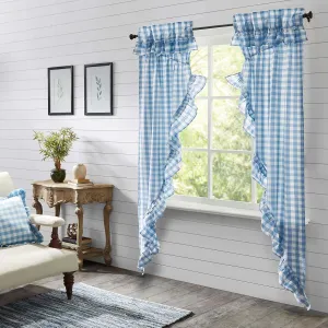 VHC Brands Annie Blue Buffalo Check Farmhouse Ruffled Prairie Long Panel Curtain Set 84x36x19
