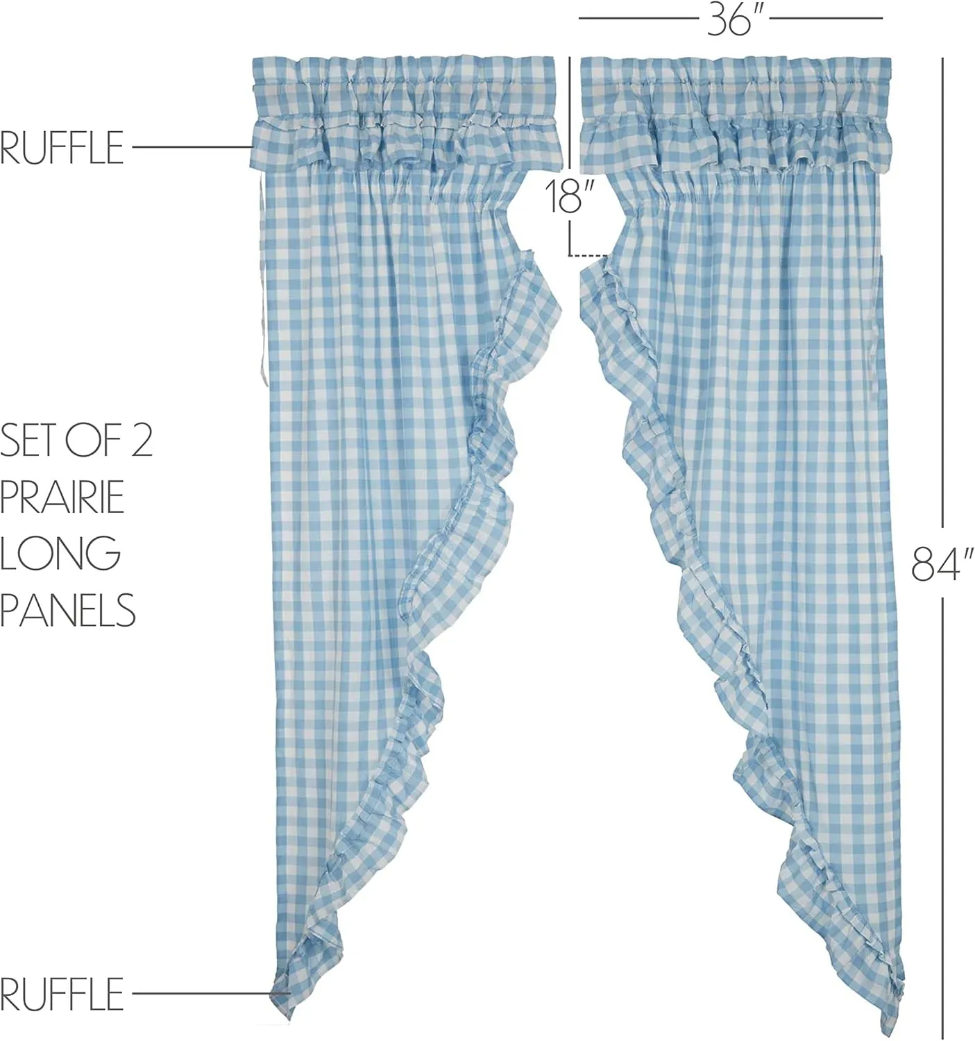 VHC Brands Annie Blue Buffalo Check Farmhouse Ruffled Prairie Long Panel Curtain Set 84x36x19