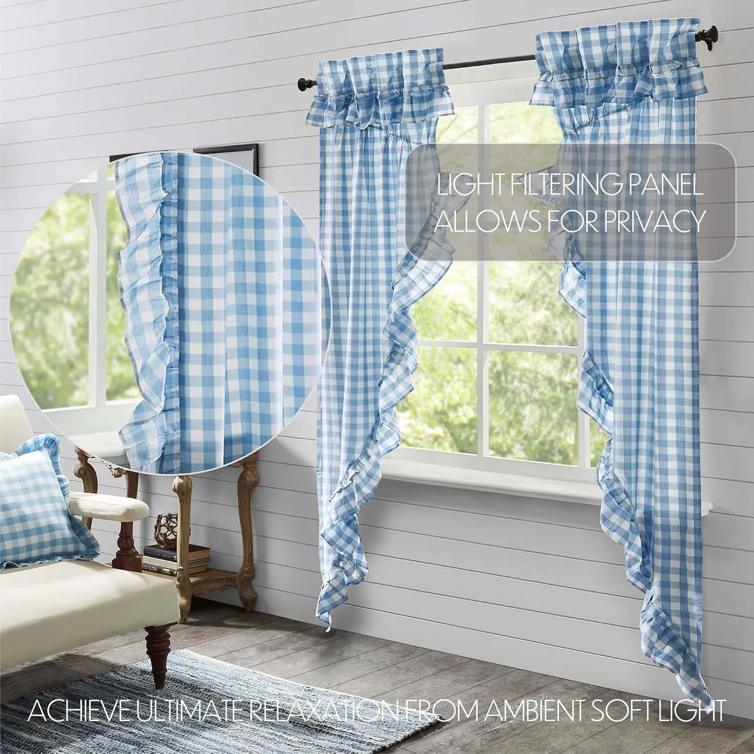 VHC Brands Annie Blue Buffalo Check Farmhouse Ruffled Prairie Long Panel Curtain Set 84x36x19