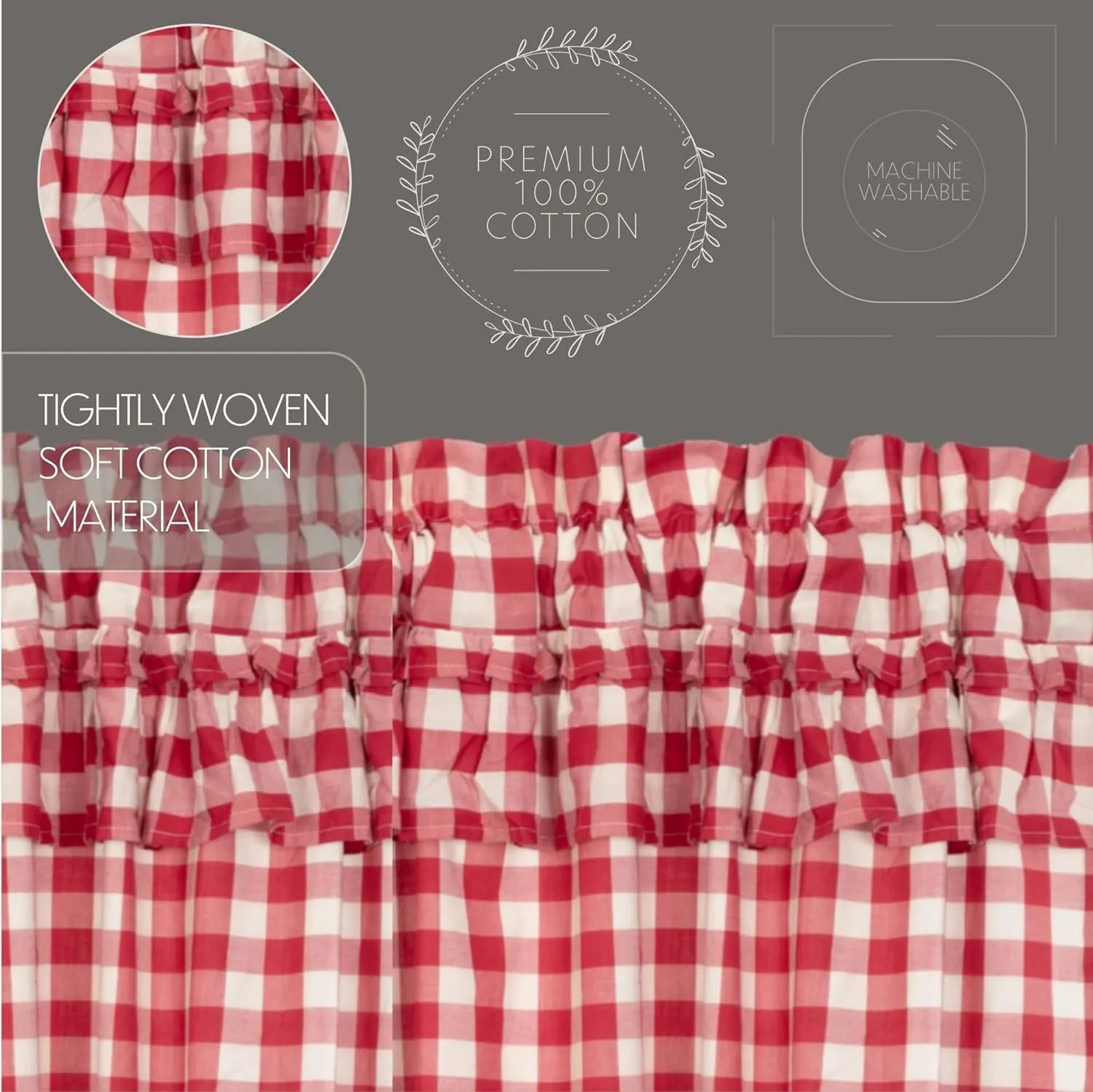 VHC Brands Annie Buffalo Check Cotton Farmhouse Curtains Rod Pocket Drawstring Ties Ruffling Prairie Panel Pair, Red Country