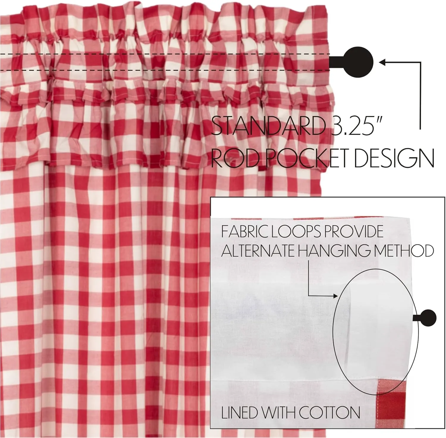 VHC Brands Annie Buffalo Check Cotton Farmhouse Curtains Rod Pocket Drawstring Ties Ruffling Prairie Panel Pair, Red Country