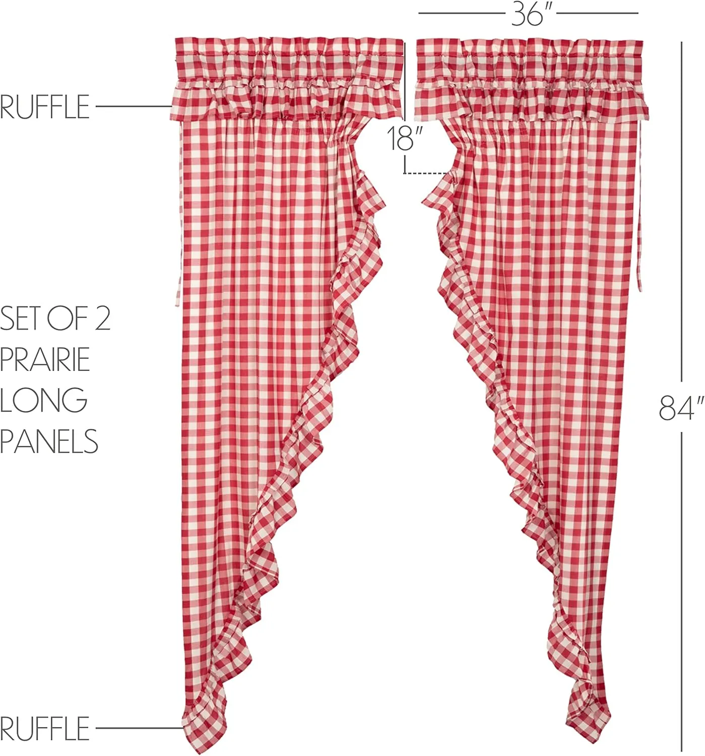 VHC Brands Annie Buffalo Check Cotton Farmhouse Curtains Rod Pocket Drawstring Ties Ruffling Prairie Panel Pair, Red Country