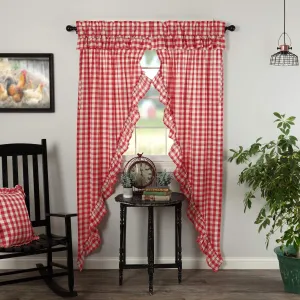 VHC Brands Annie Buffalo Check Cotton Farmhouse Curtains Rod Pocket Drawstring Ties Ruffling Prairie Panel Pair, Red Country