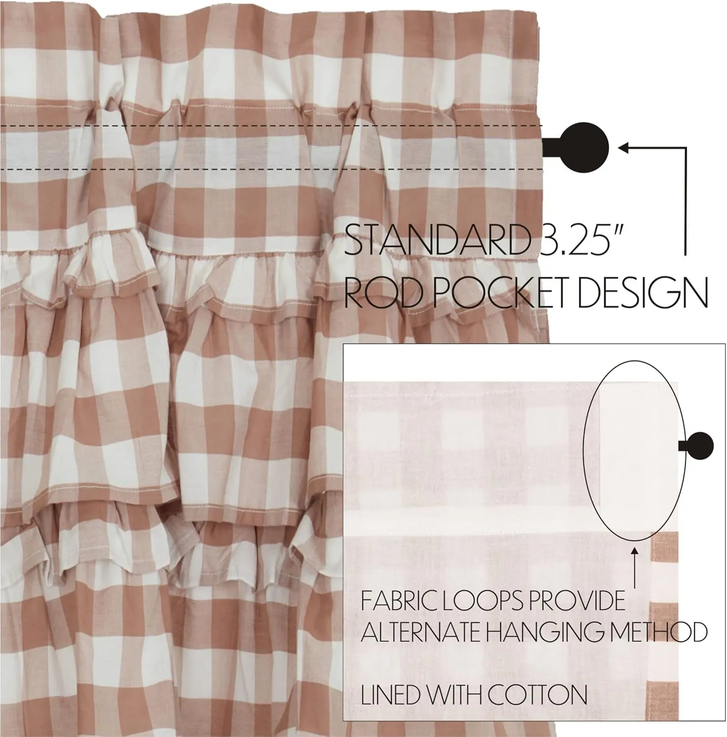 VHC Brands Annie Buffalo Portabella Check Farmhouse Ruffled Prairie Panel Curtain Set 84x36x18