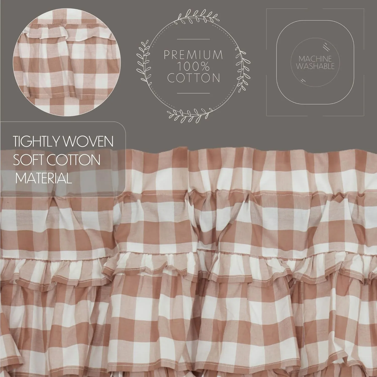 VHC Brands Annie Buffalo Portabella Check Farmhouse Ruffled Prairie Panel Curtain Set 84x36x18