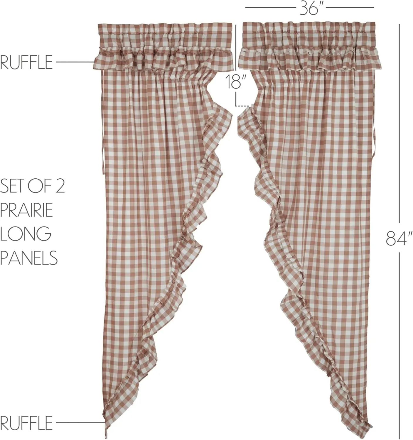 VHC Brands Annie Buffalo Portabella Check Farmhouse Ruffled Prairie Panel Curtain Set 84x36x18