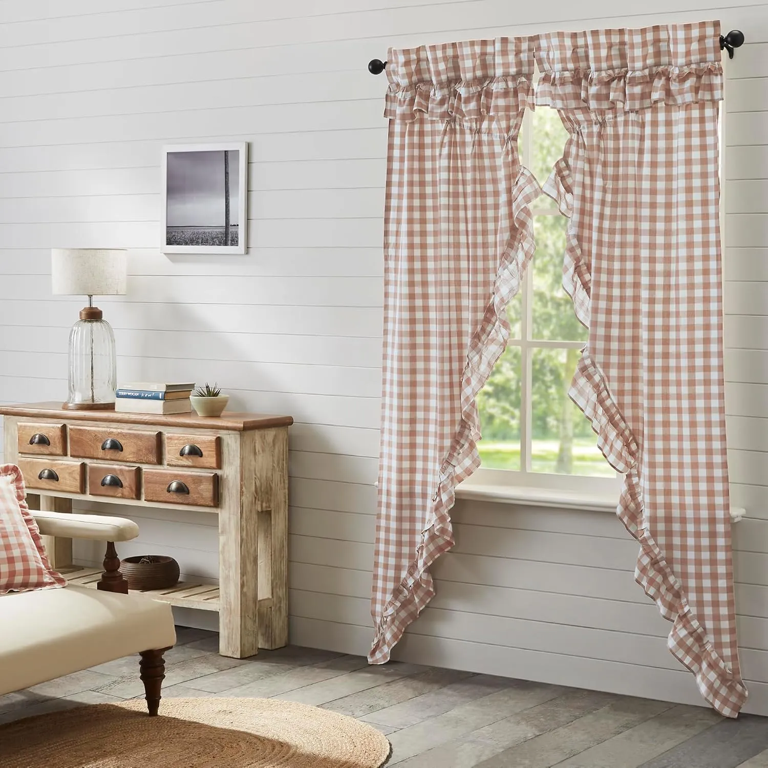 VHC Brands Annie Buffalo Portabella Check Farmhouse Ruffled Prairie Panel Curtain Set 84x36x18