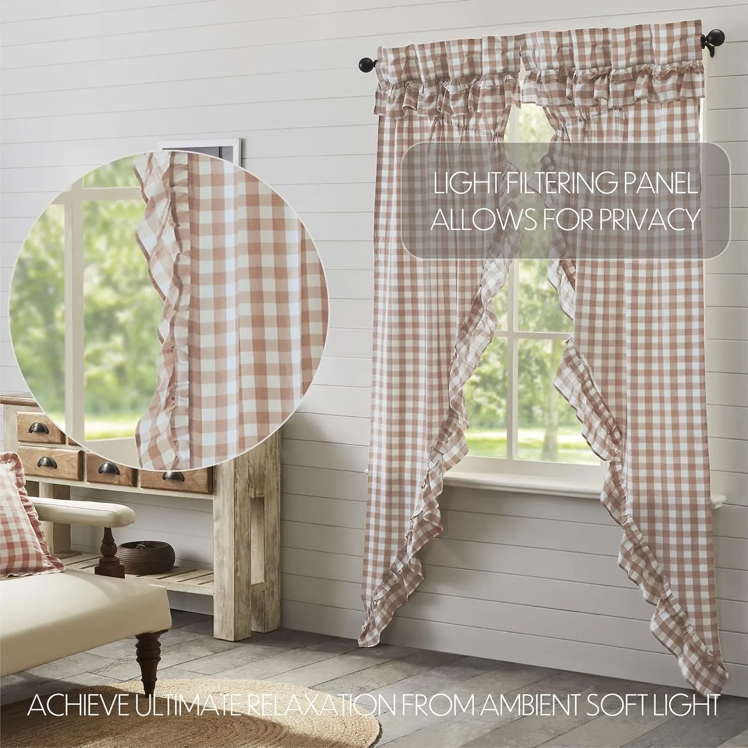 VHC Brands Annie Buffalo Portabella Check Farmhouse Ruffled Prairie Panel Curtain Set 84x36x18