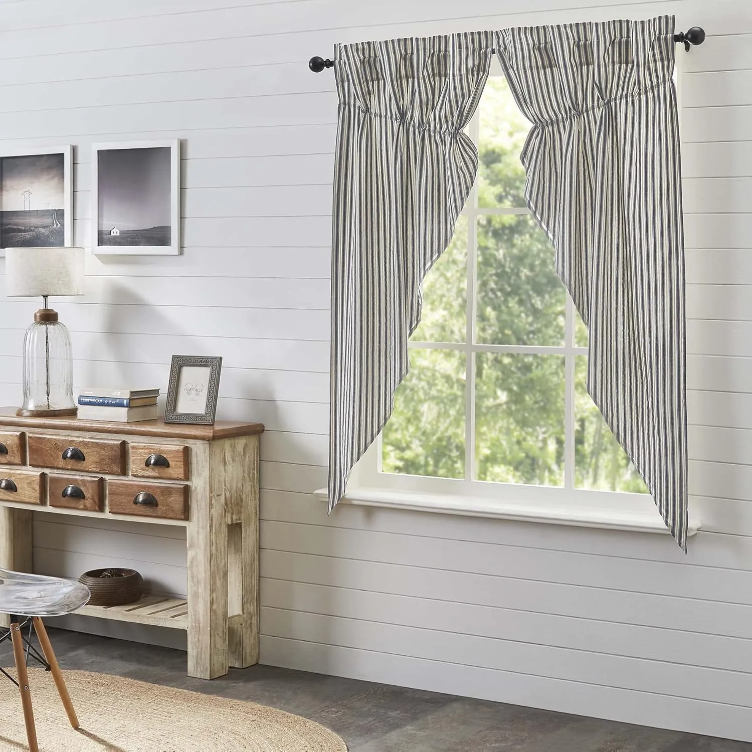 VHC Brands Ashmont Grey Ticking Stripe Farmhouse Prairie Short Panel Curtain Set 63x36x18