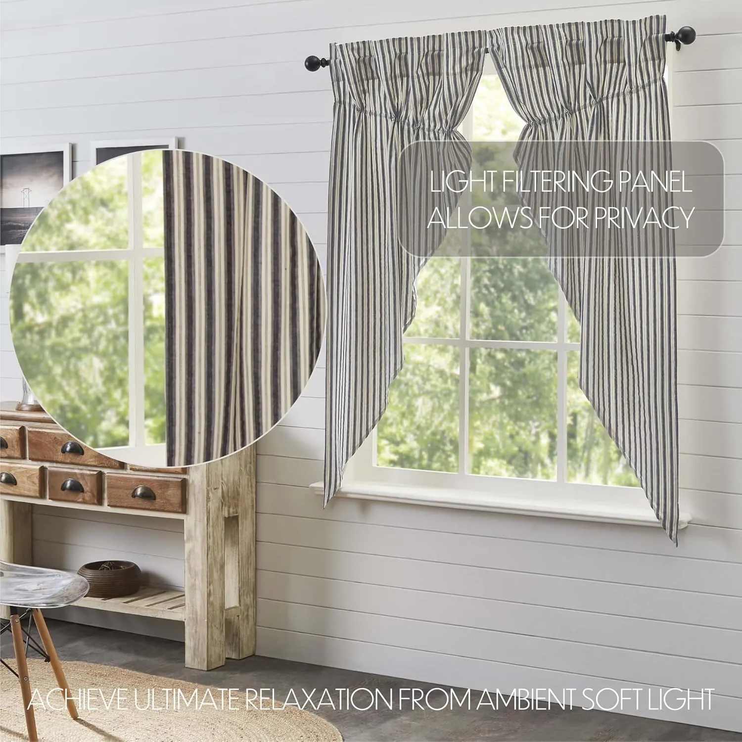 VHC Brands Ashmont Grey Ticking Stripe Farmhouse Prairie Short Panel Curtain Set 63x36x18