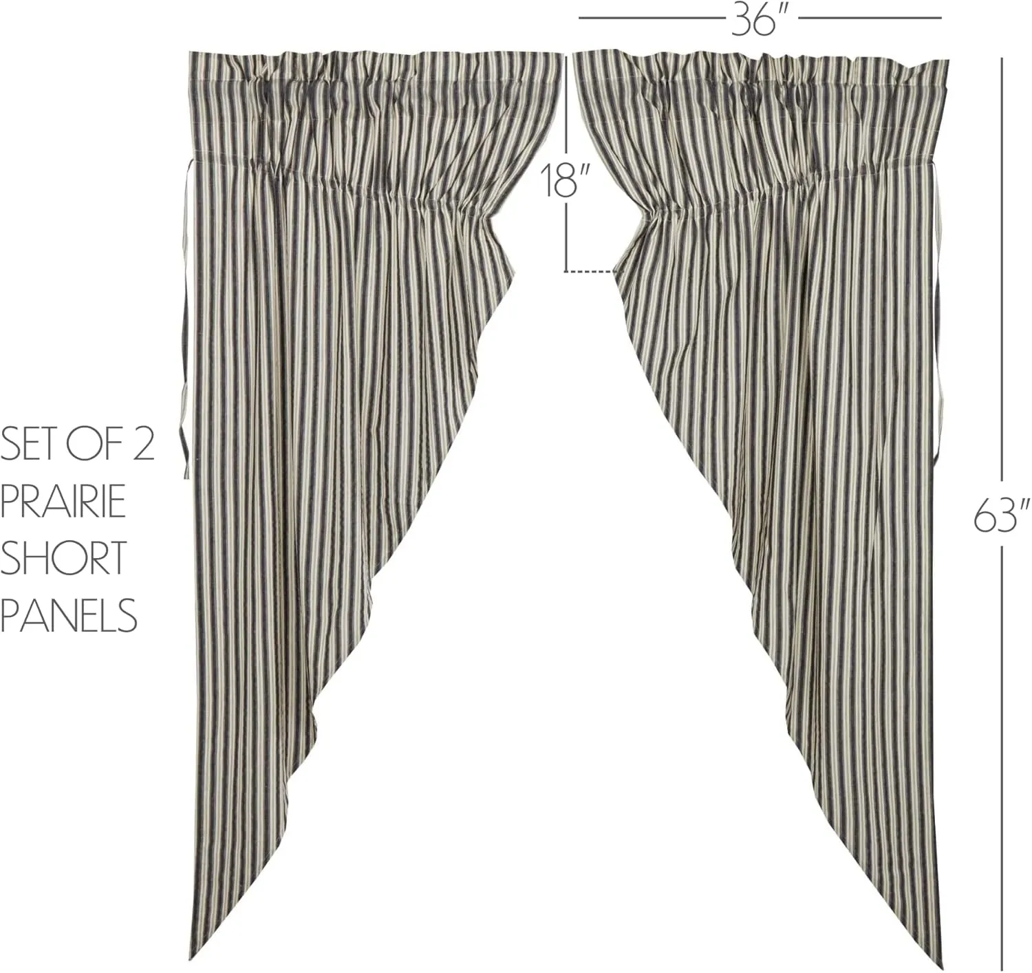 VHC Brands Ashmont Grey Ticking Stripe Farmhouse Prairie Short Panel Curtain Set 63x36x18