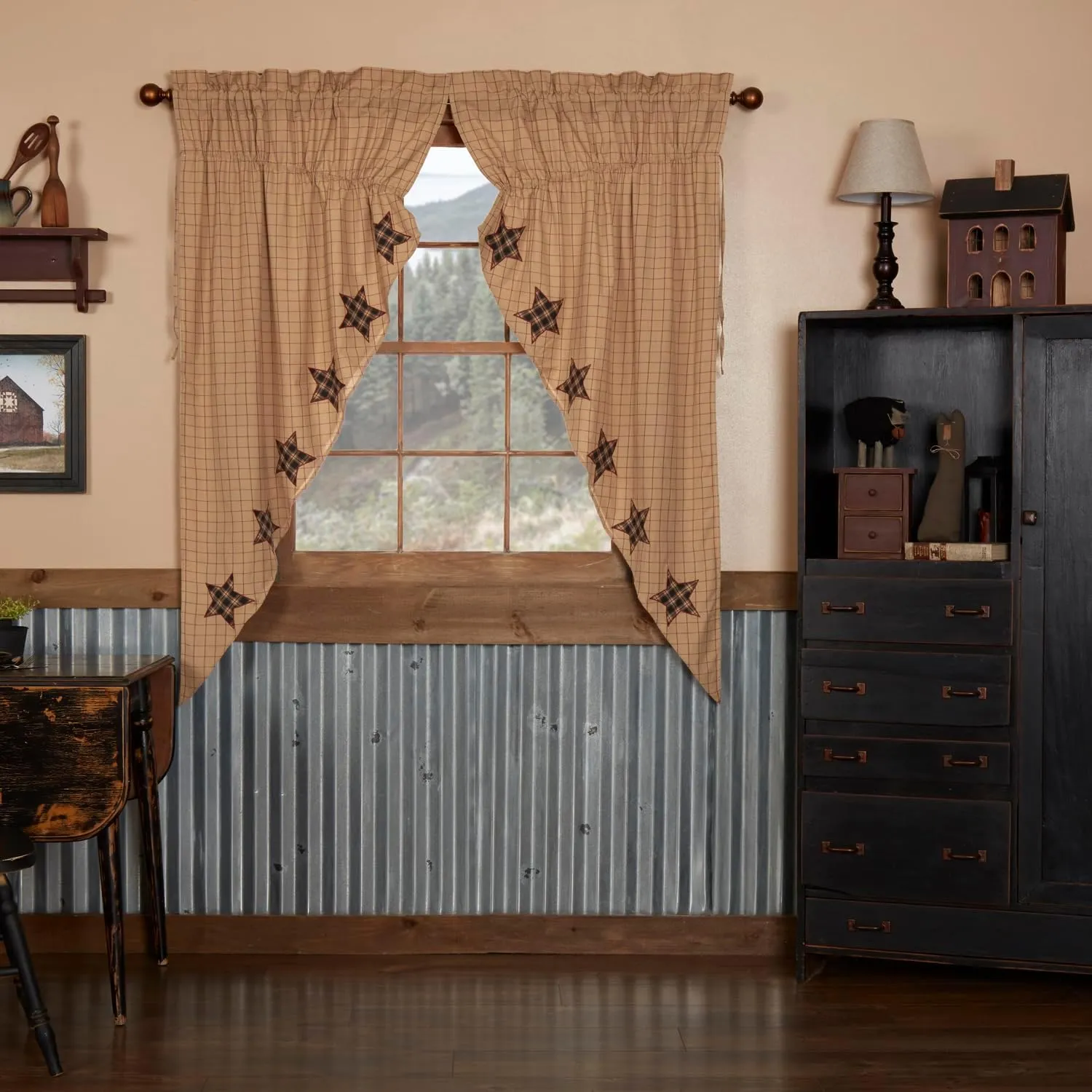 VHC Brands, Bingham Star, Cotton, 63x36x18, Prairie Applique Star Panel, Set of 2, Black