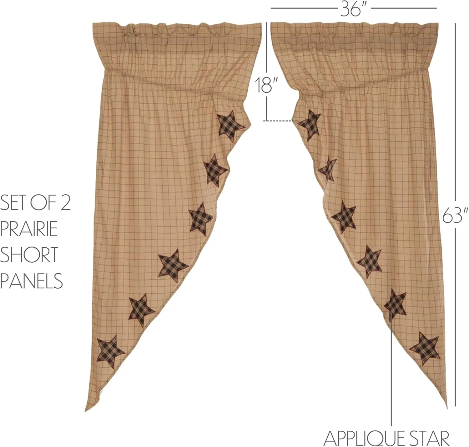 VHC Brands, Bingham Star, Cotton, 63x36x18, Prairie Applique Star Panel, Set of 2, Black
