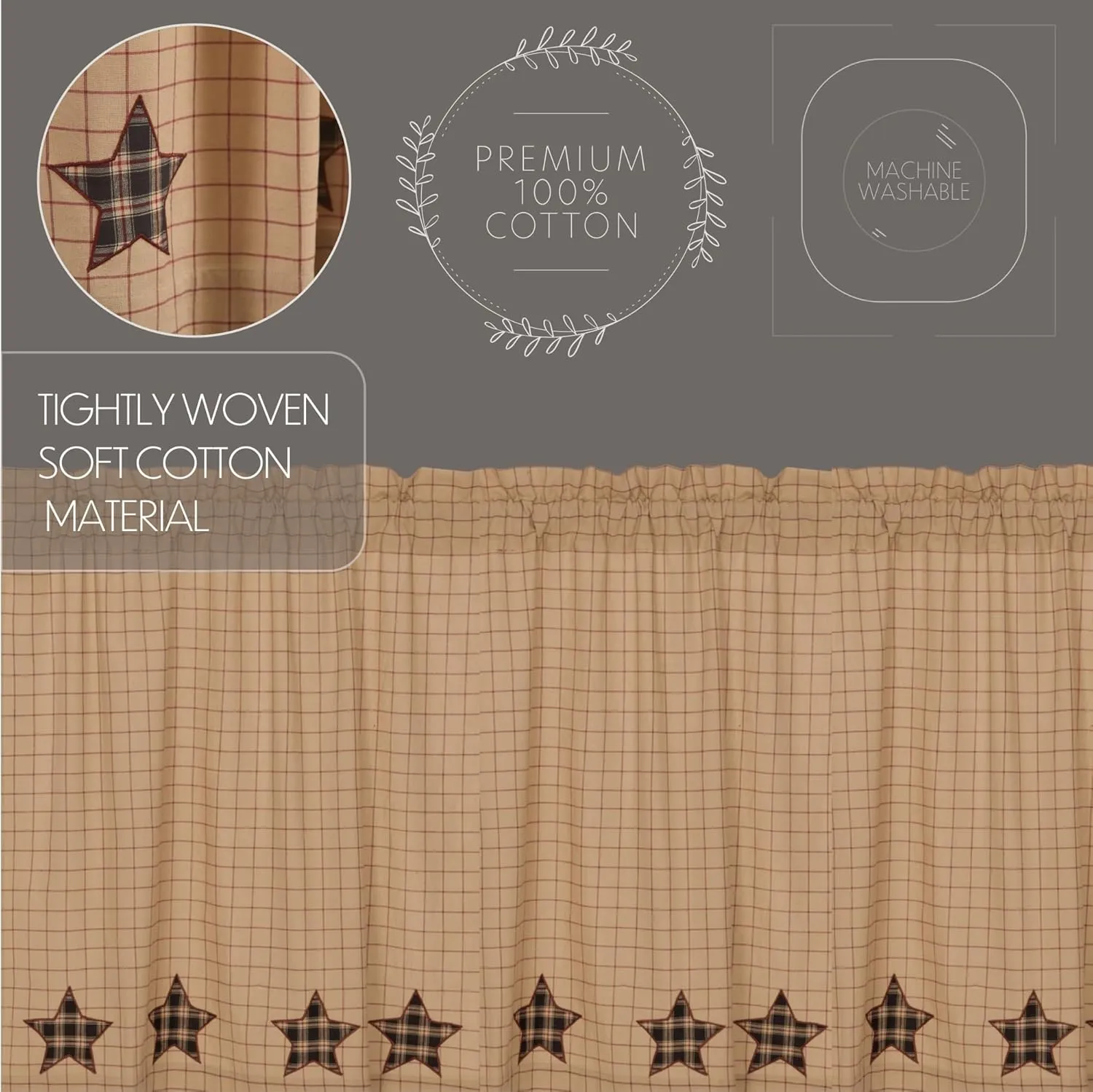 VHC Brands, Bingham Star, Cotton, 63x36x18, Prairie Applique Star Panel, Set of 2, Black