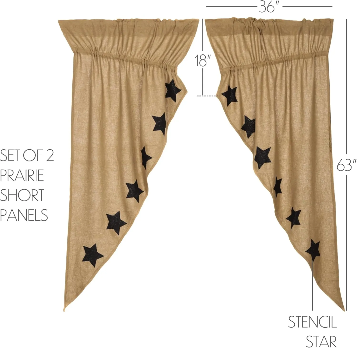 VHC Brands Burlap Natural with Black Stars Primitive 63"x36"x18" Prairie Panel Pair Tan Rod Pocket Stenciled Cotton Drawstring Ties Window Curtains