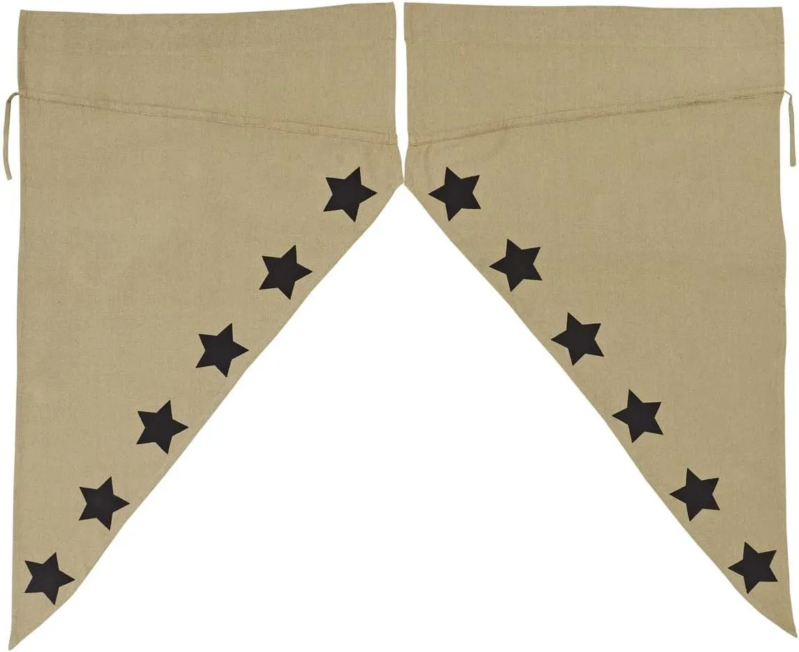 VHC Brands Burlap Natural with Black Stars Primitive 63"x36"x18" Prairie Panel Pair Tan Rod Pocket Stenciled Cotton Drawstring Ties Window Curtains