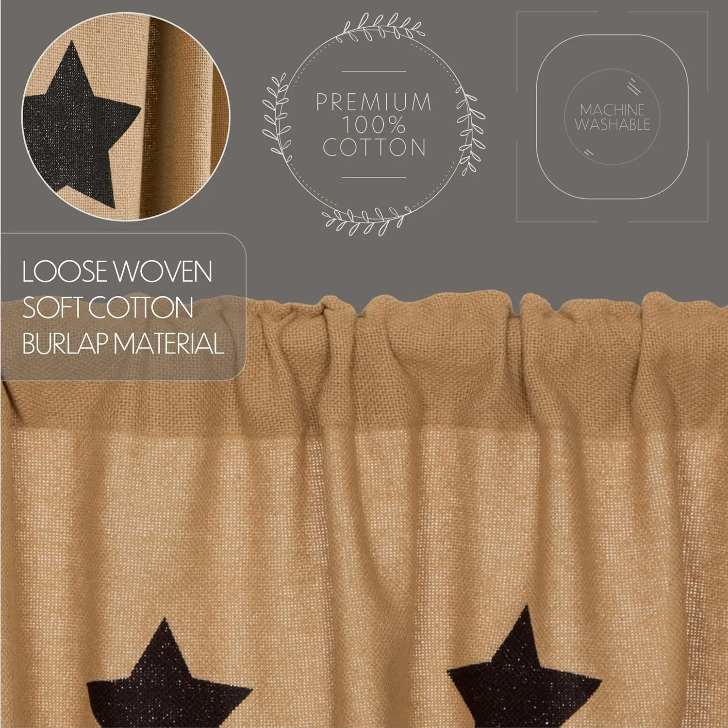 VHC Brands Burlap Natural with Black Stars Primitive 63"x36"x18" Prairie Panel Pair Tan Rod Pocket Stenciled Cotton Drawstring Ties Window Curtains