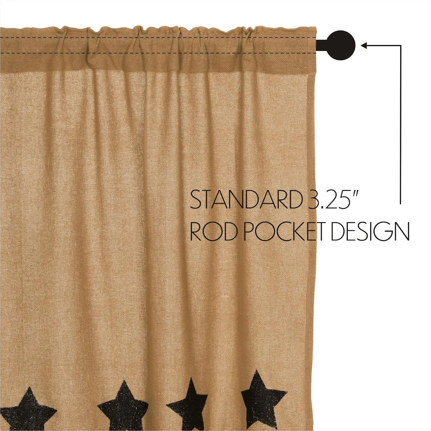VHC Brands Burlap Natural with Black Stars Primitive 63"x36"x18" Prairie Panel Pair Tan Rod Pocket Stenciled Cotton Drawstring Ties Window Curtains
