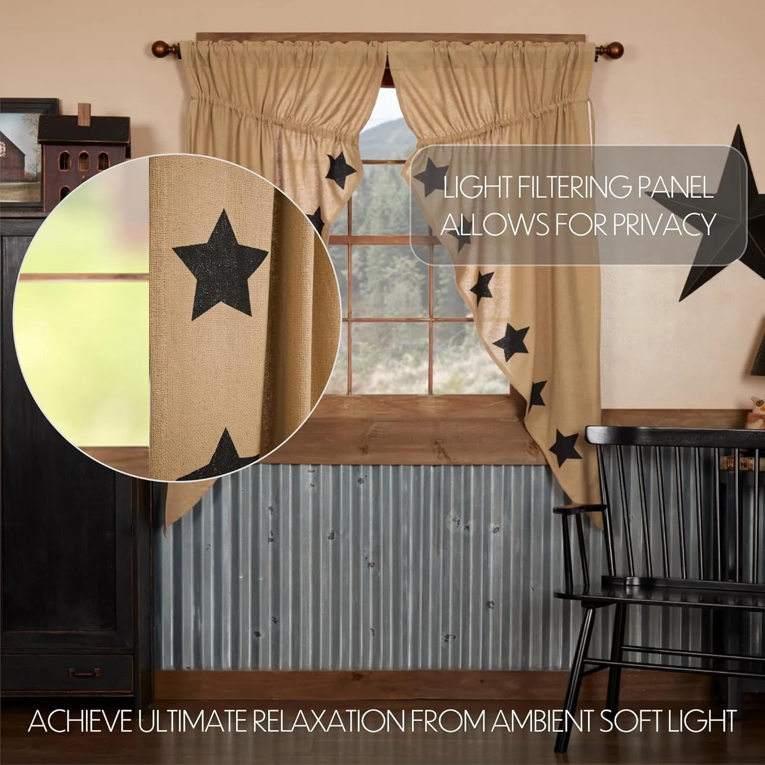 VHC Brands Burlap Natural with Black Stars Primitive 63"x36"x18" Prairie Panel Pair Tan Rod Pocket Stenciled Cotton Drawstring Ties Window Curtains
