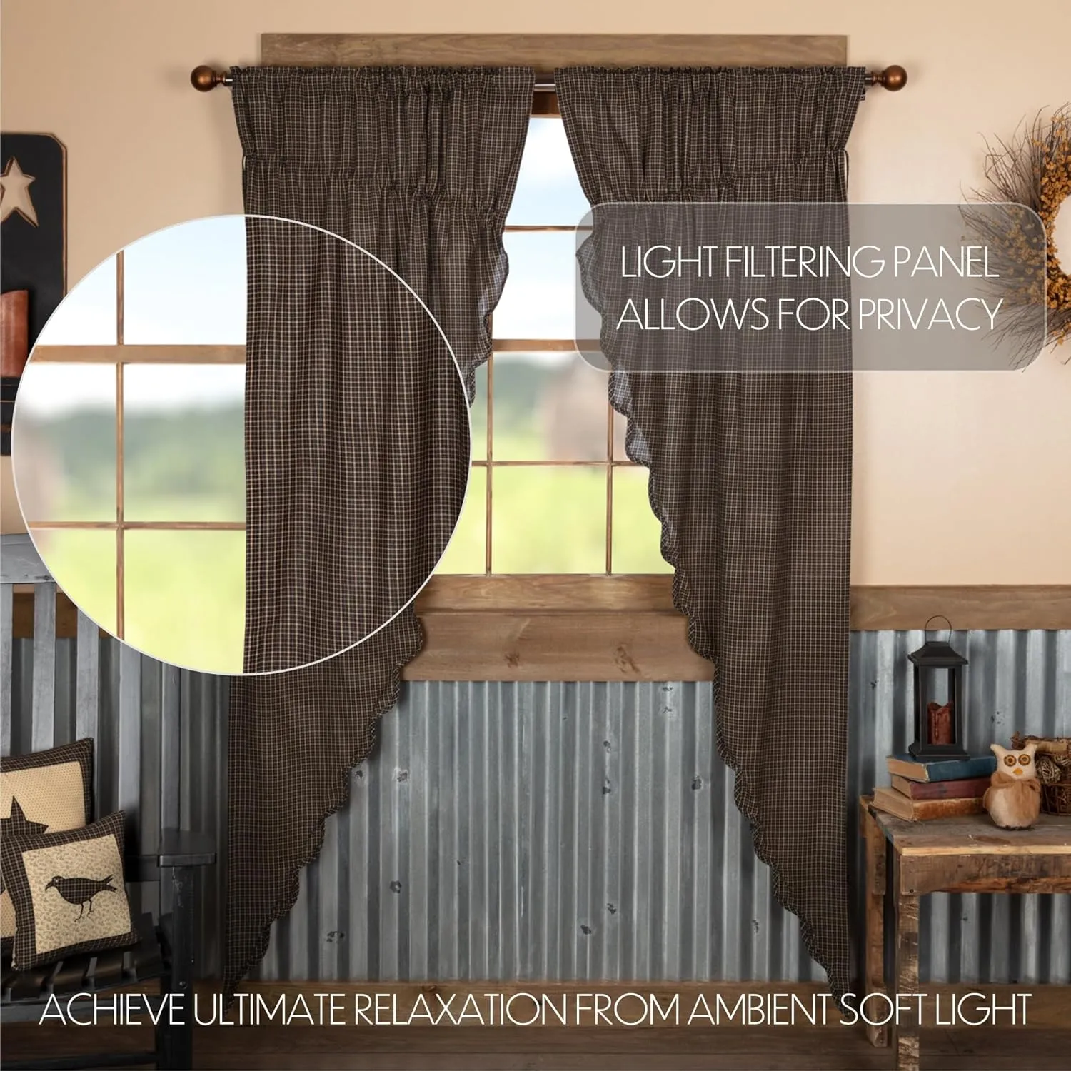 VHC Brands Kettle Grove Window Curtains, Plaid Prairie Long Panel Scalloped Set of 2 84x36x18