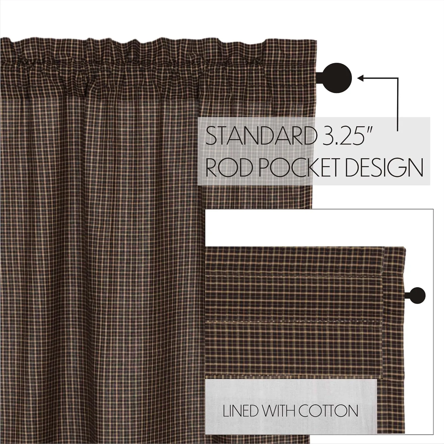 VHC Brands Kettle Grove Window Curtains, Plaid Prairie Long Panel Scalloped Set of 2 84x36x18