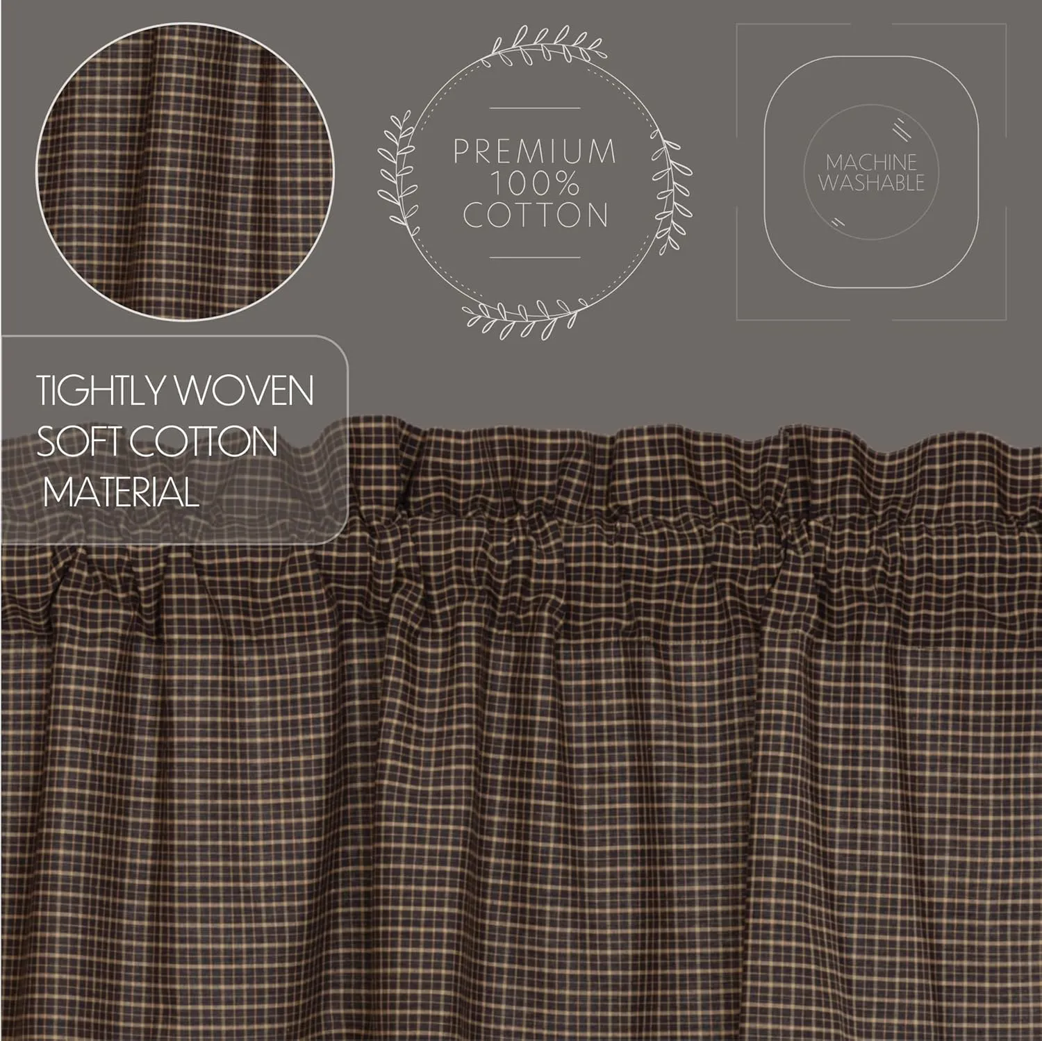 VHC Brands Kettle Grove Window Curtains, Plaid Prairie Long Panel Scalloped Set of 2 84x36x18