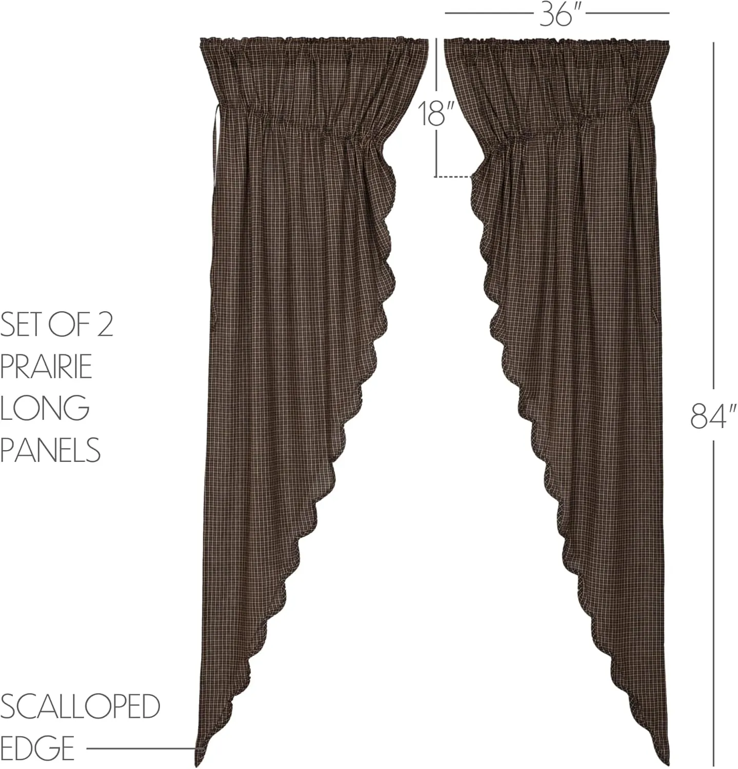 VHC Brands Kettle Grove Window Curtains, Plaid Prairie Long Panel Scalloped Set of 2 84x36x18