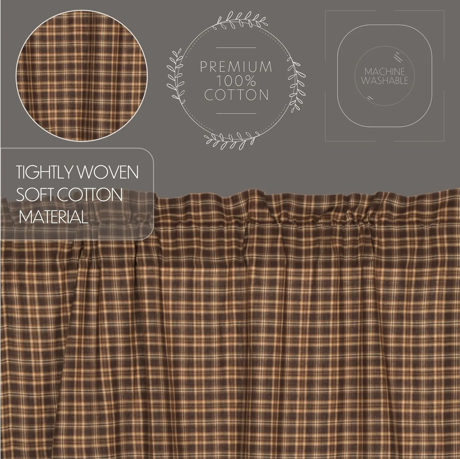 VHC Brands Prescott Rustic 63"x36"x18" Prairie Panel Pair Brown Rod Pocket Cotton Plaid Drawstring Ties Window Curtains