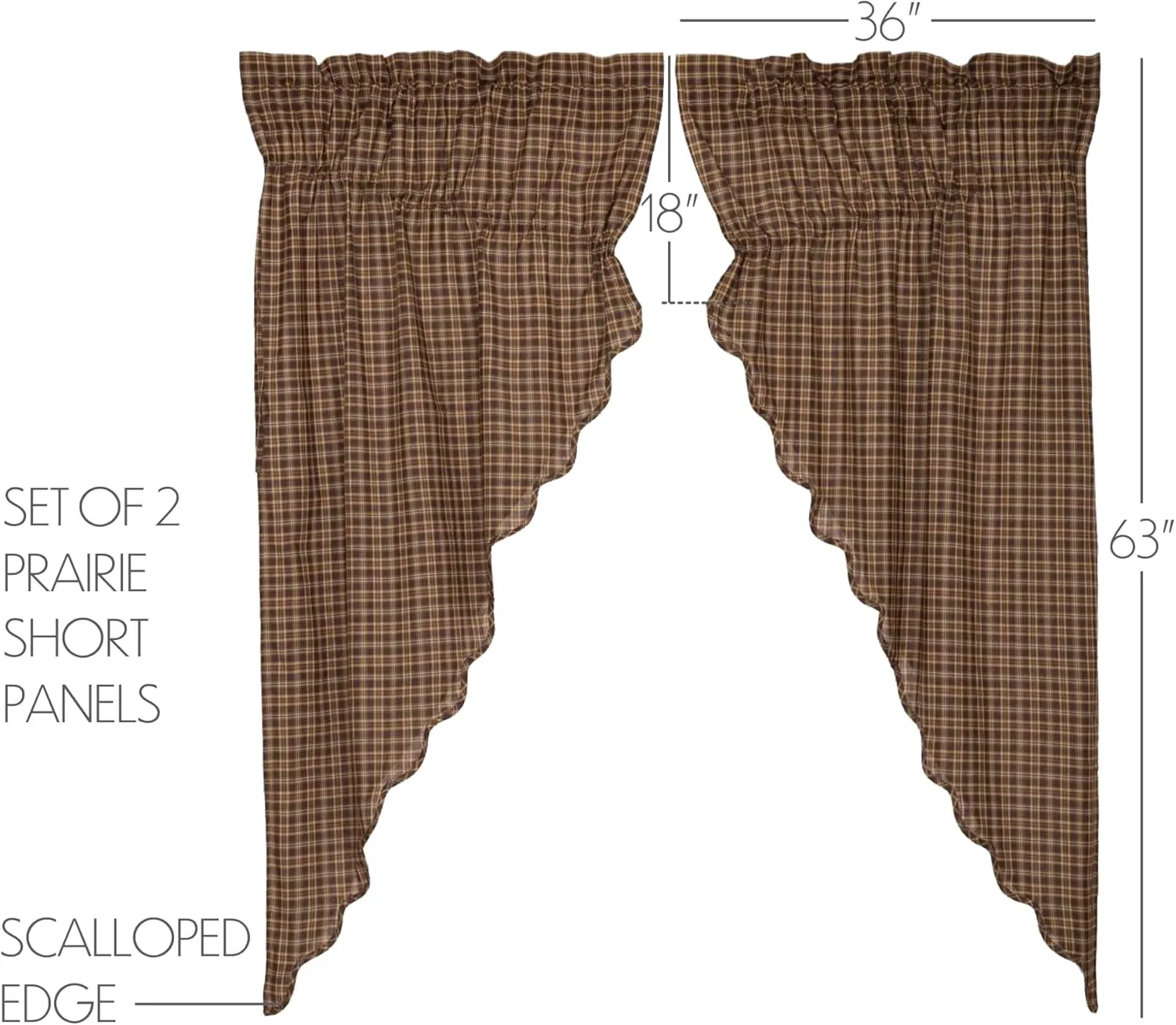 VHC Brands Prescott Rustic 63"x36"x18" Prairie Panel Pair Brown Rod Pocket Cotton Plaid Drawstring Ties Window Curtains