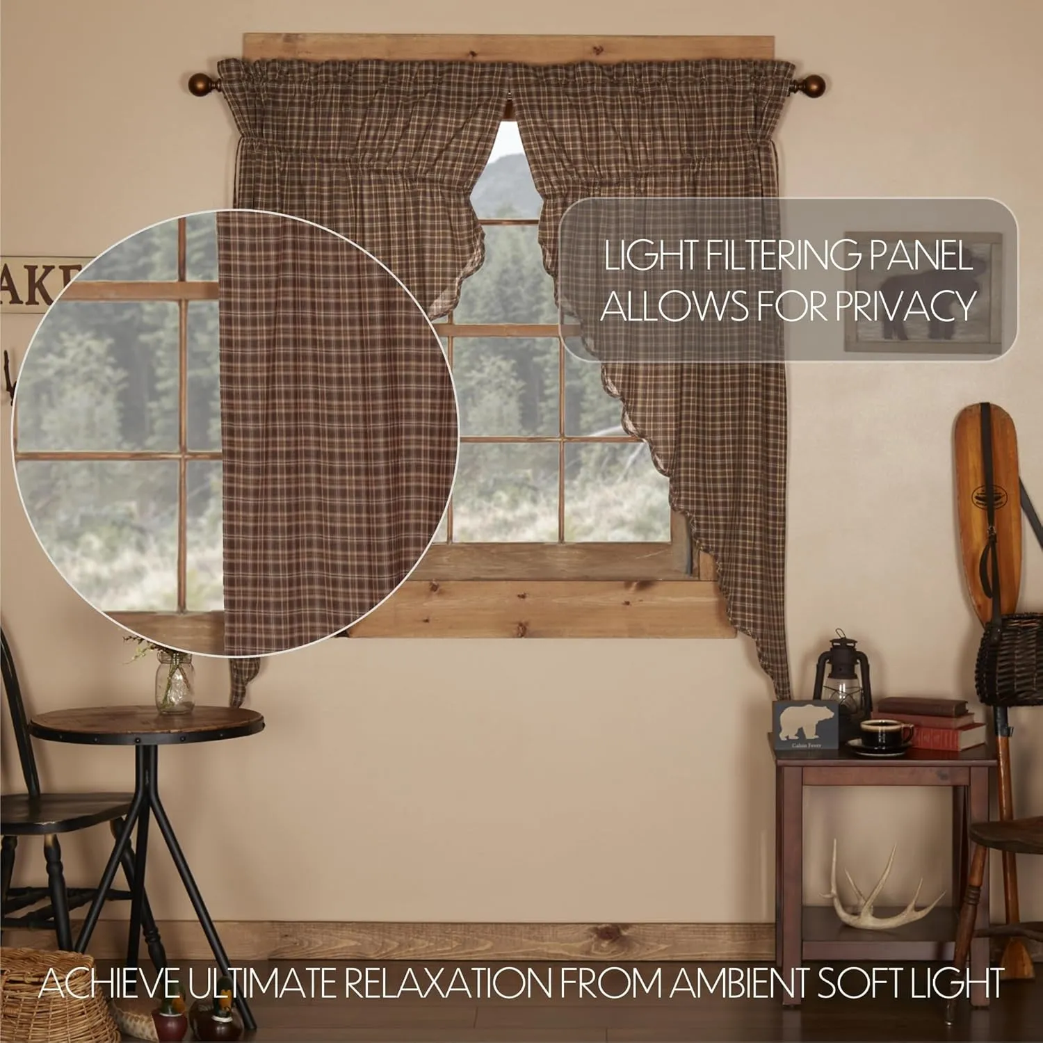 VHC Brands Prescott Rustic 63"x36"x18" Prairie Panel Pair Brown Rod Pocket Cotton Plaid Drawstring Ties Window Curtains
