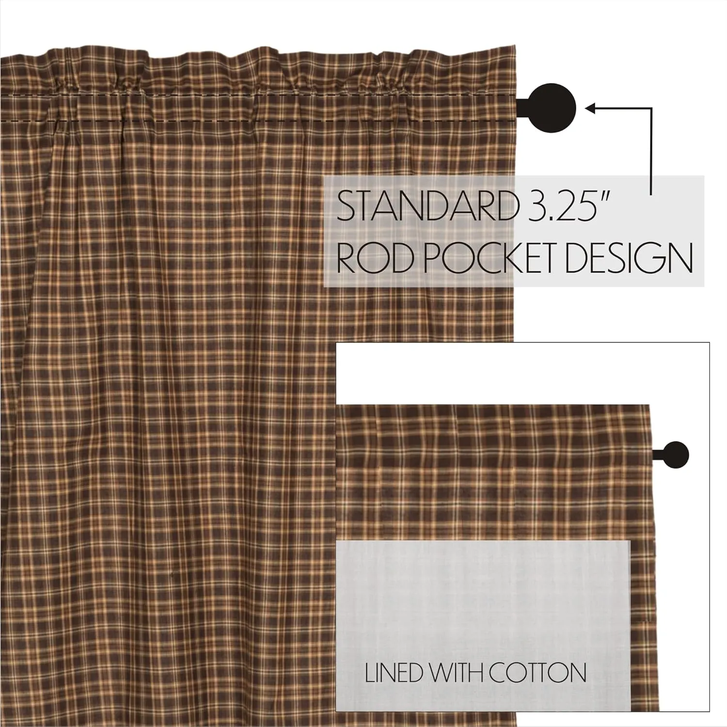 VHC Brands Prescott Rustic 63"x36"x18" Prairie Panel Pair Brown Rod Pocket Cotton Plaid Drawstring Ties Window Curtains