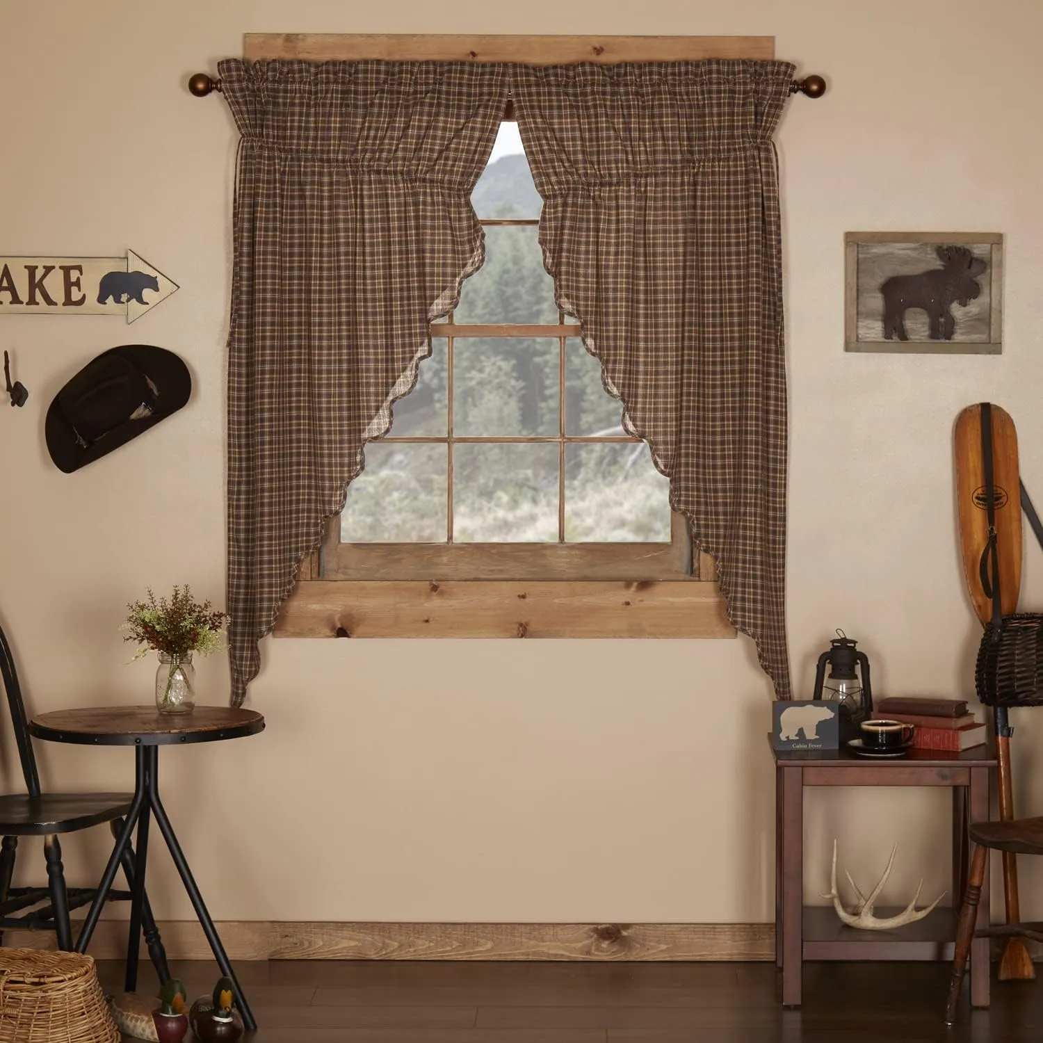VHC Brands Prescott Rustic 63"x36"x18" Prairie Panel Pair Brown Rod Pocket Cotton Plaid Drawstring Ties Window Curtains