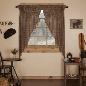 VHC Brands Prescott Rustic 63"x36"x18" Prairie Panel Pair Brown Rod Pocket Cotton Plaid Drawstring Ties Window Curtains