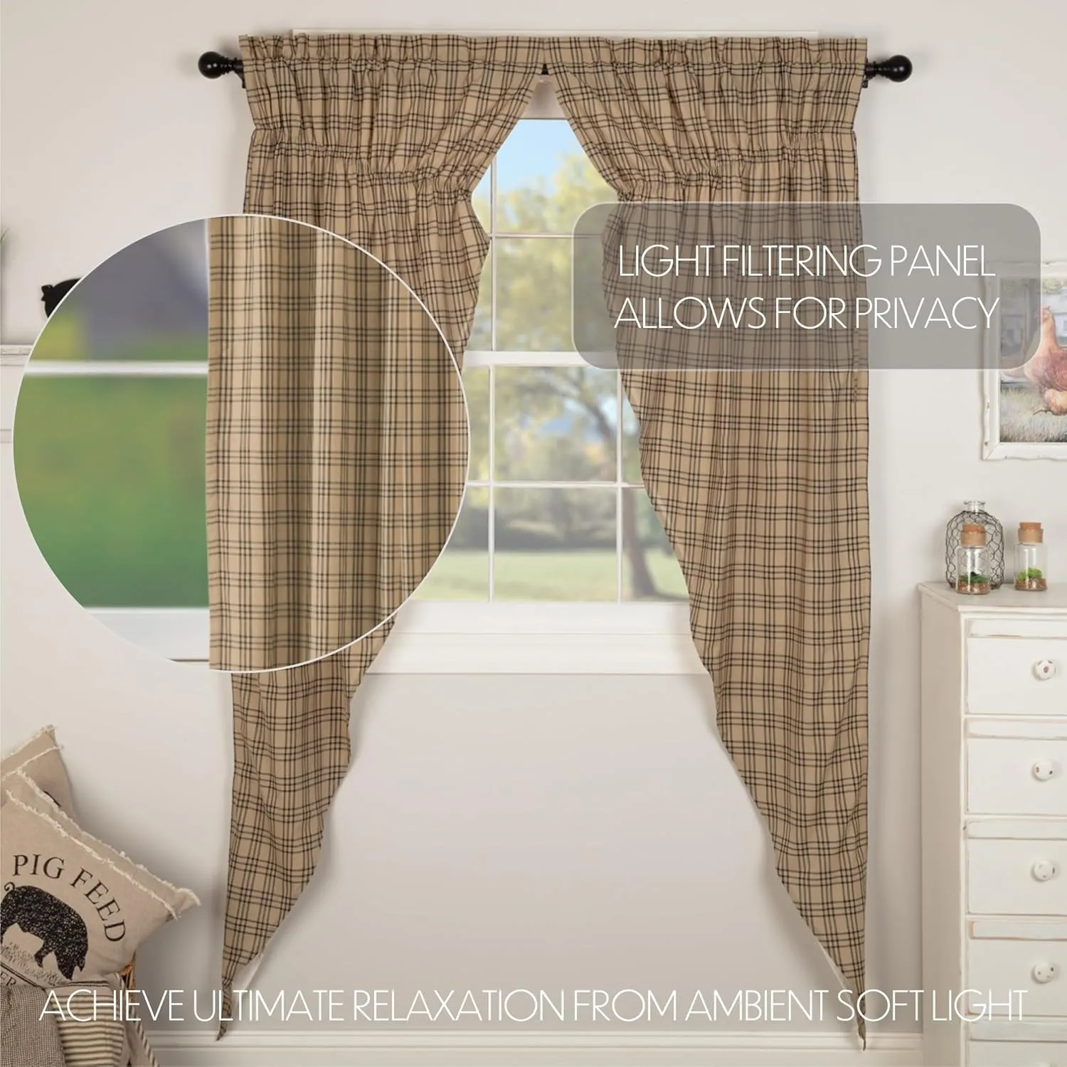 VHC Brands Sawyer Mill Plaid Cotton Farmhouse Bedroom Curtains Rod Pocket Drawstring Ties Prairie Panel Pair 84 Inches Long, Charcoal Black