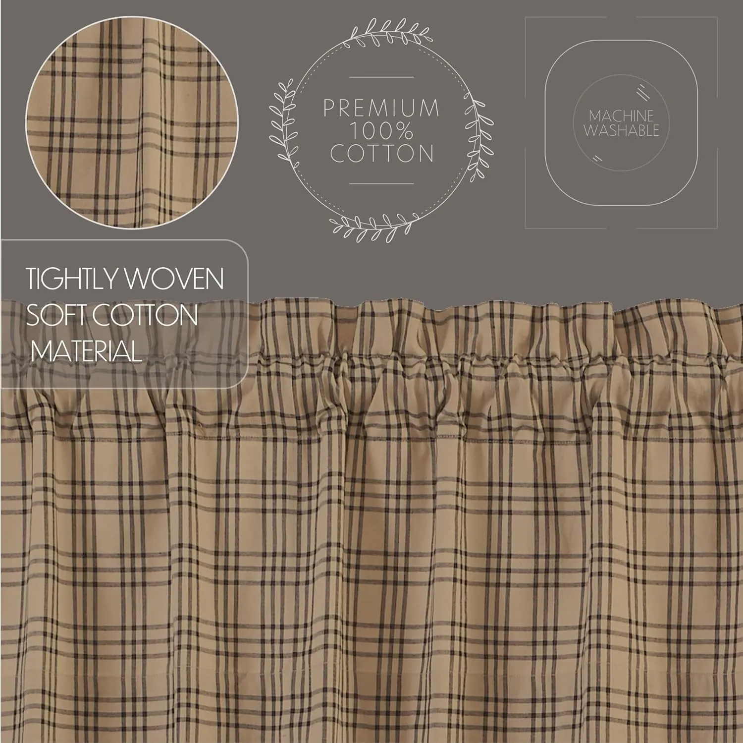 VHC Brands Sawyer Mill Plaid Cotton Farmhouse Bedroom Curtains Rod Pocket Drawstring Ties Prairie Panel Pair 84 Inches Long, Charcoal Black