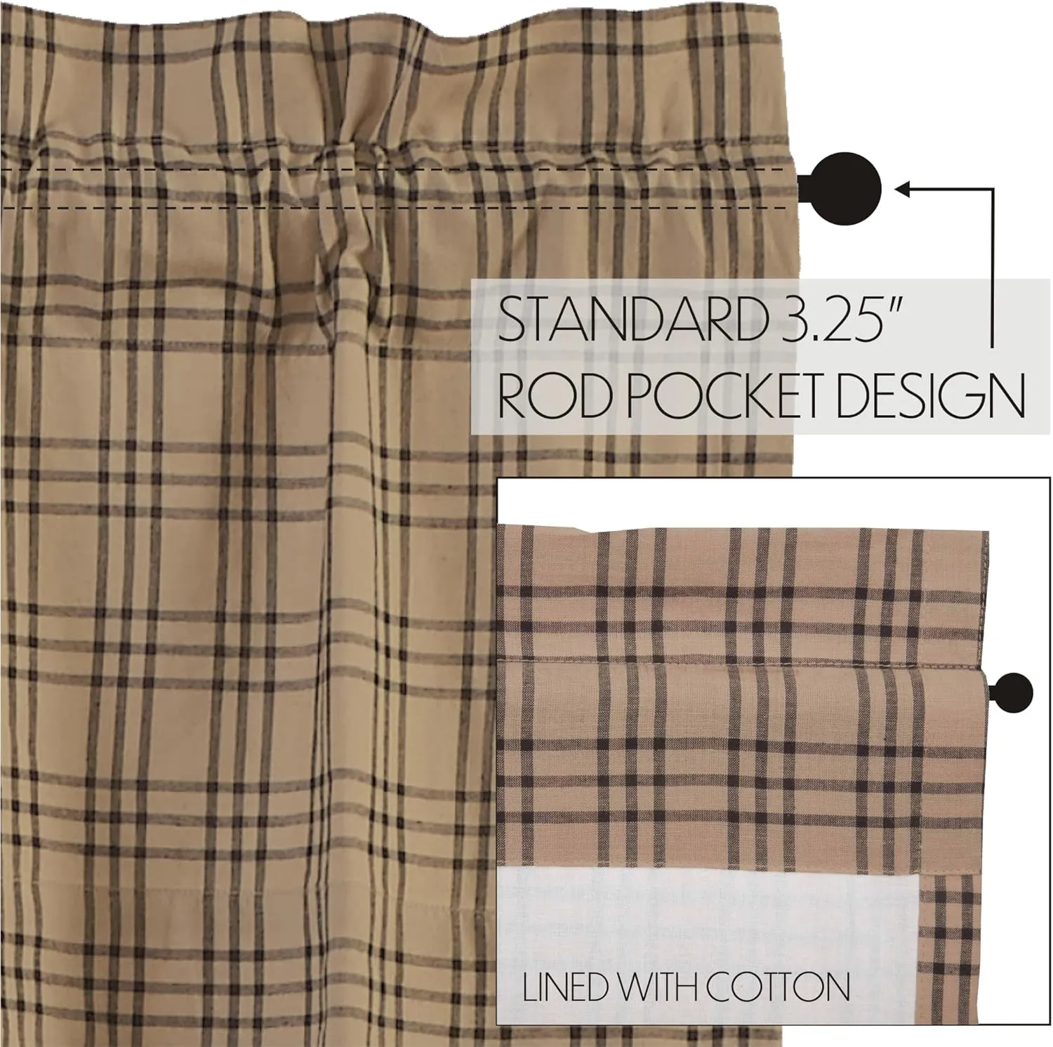 VHC Brands Sawyer Mill Plaid Cotton Farmhouse Bedroom Curtains Rod Pocket Drawstring Ties Prairie Panel Pair 84 Inches Long, Charcoal Black