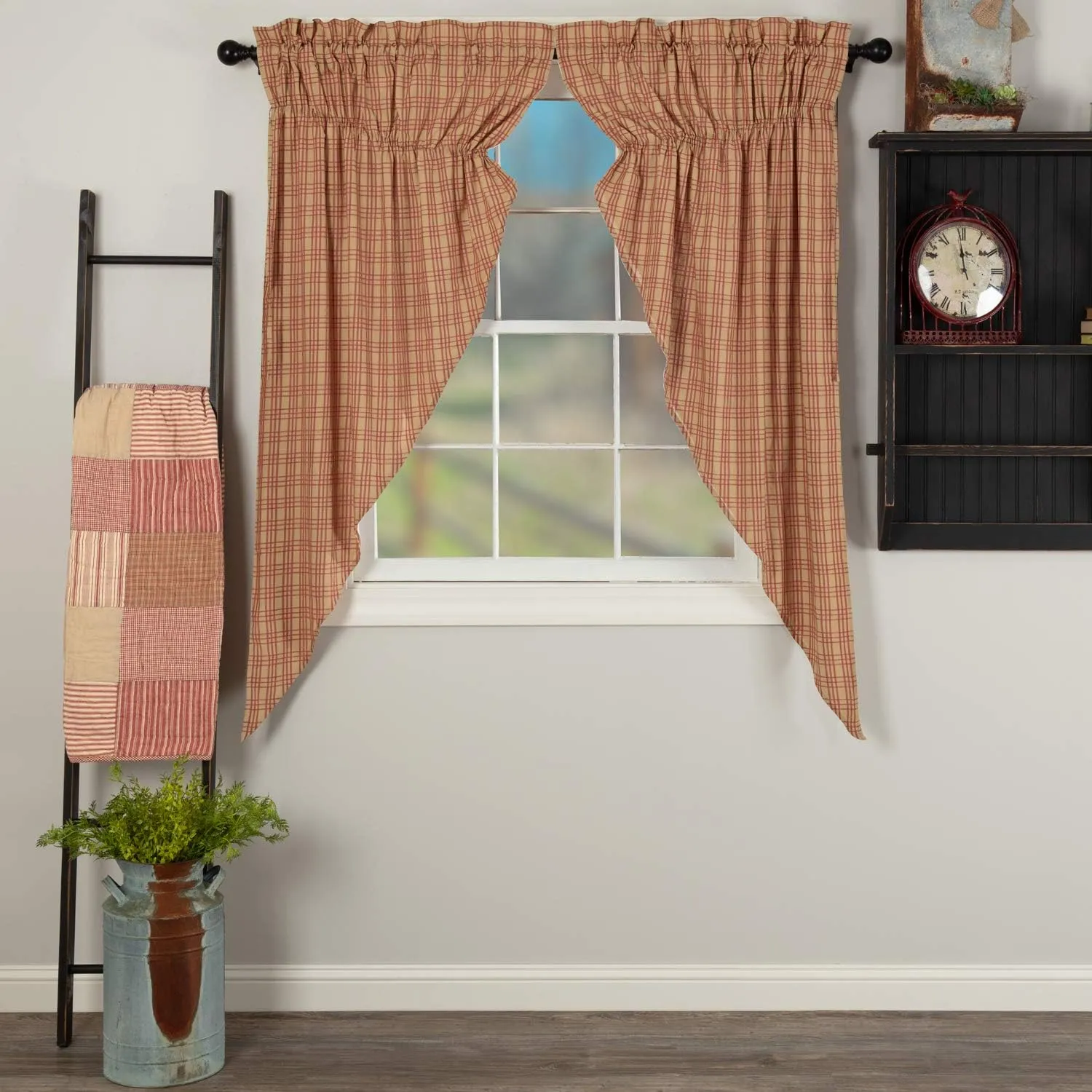 VHC Brands Sawyer Mill Plaid Cotton Farmhouse Curtains Rod Pocket Drawstring Ties 63 Inches Length Prairie Panel Pair, Red