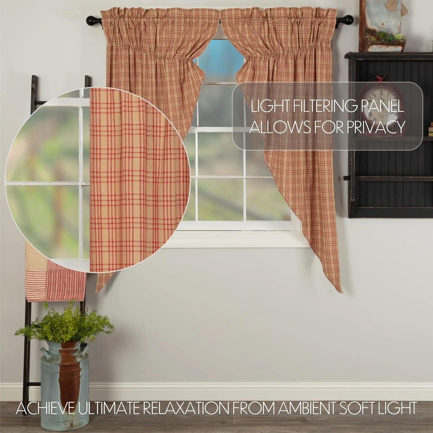 VHC Brands Sawyer Mill Plaid Cotton Farmhouse Curtains Rod Pocket Drawstring Ties 63 Inches Length Prairie Panel Pair, Red