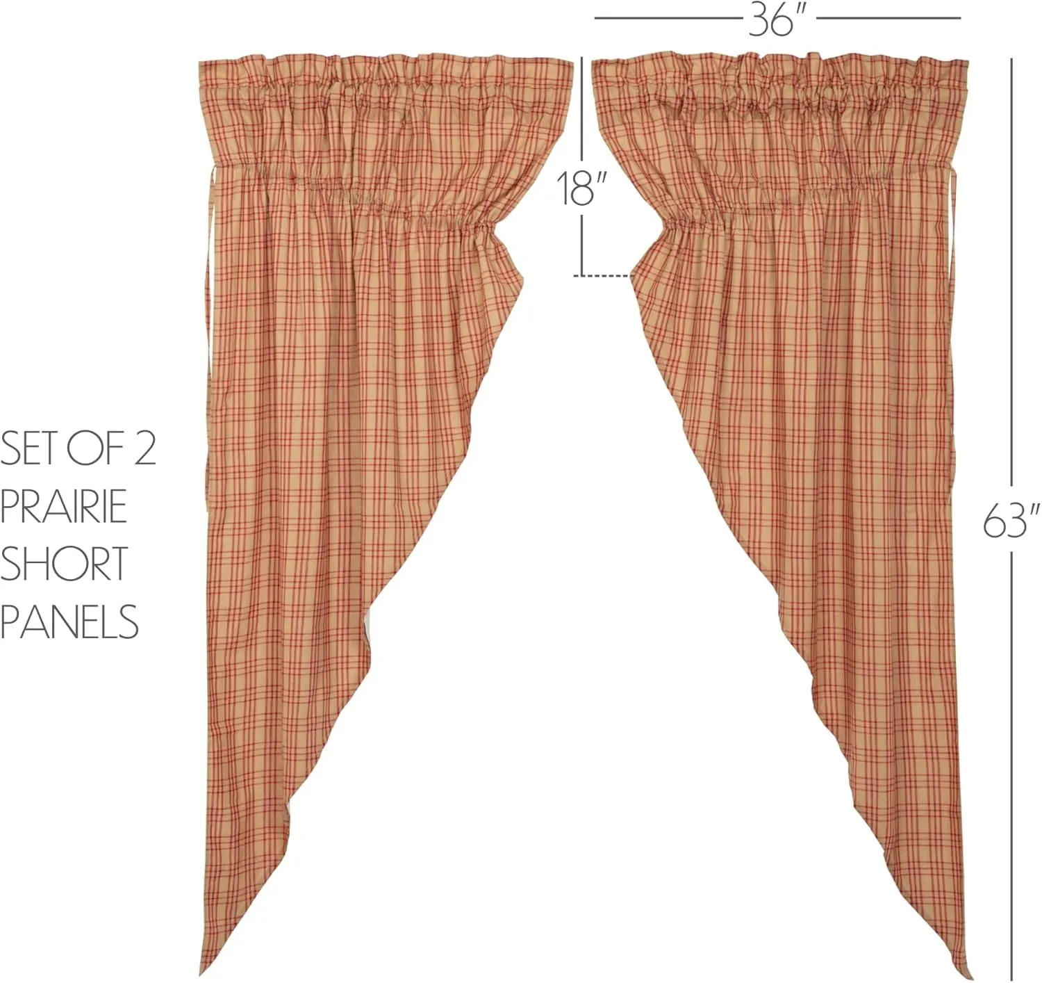 VHC Brands Sawyer Mill Plaid Cotton Farmhouse Curtains Rod Pocket Drawstring Ties 63 Inches Length Prairie Panel Pair, Red