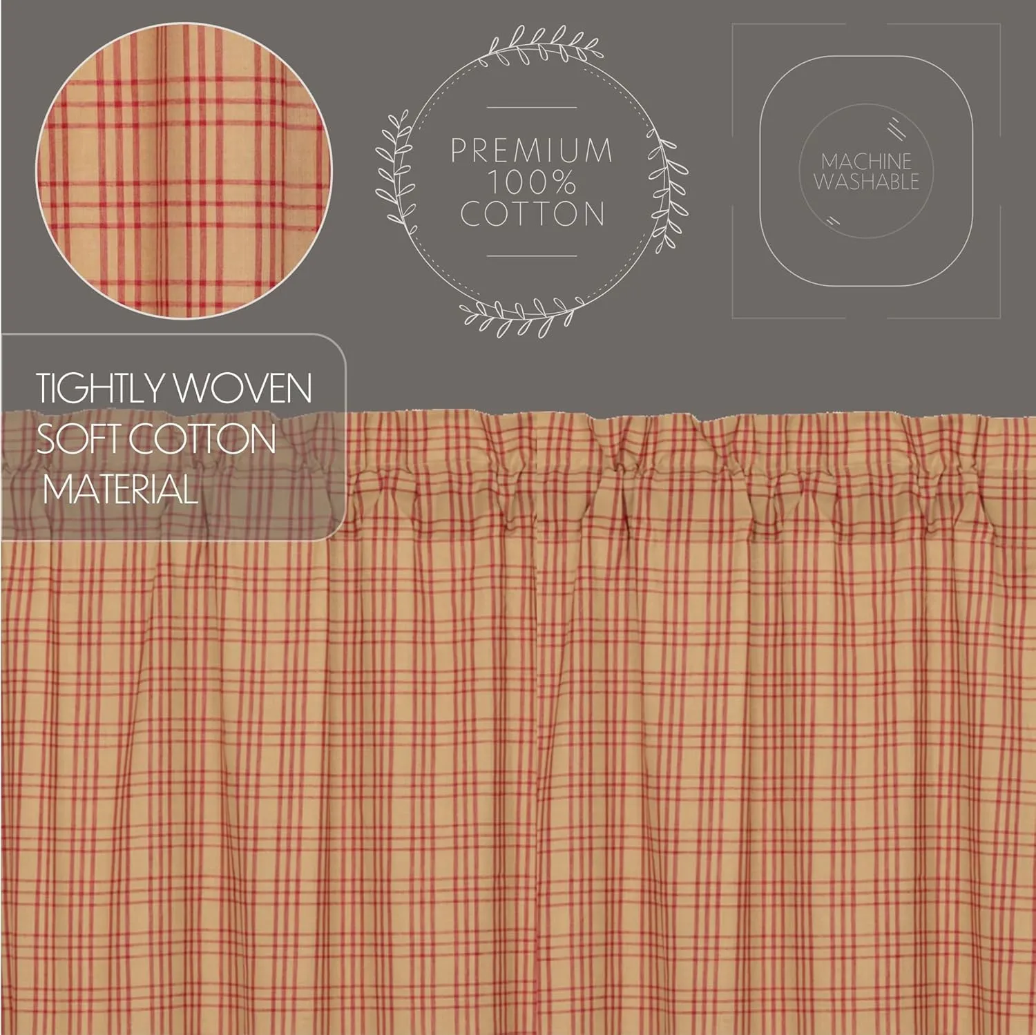 VHC Brands Sawyer Mill Plaid Cotton Farmhouse Curtains Rod Pocket Drawstring Ties 63 Inches Length Prairie Panel Pair, Red