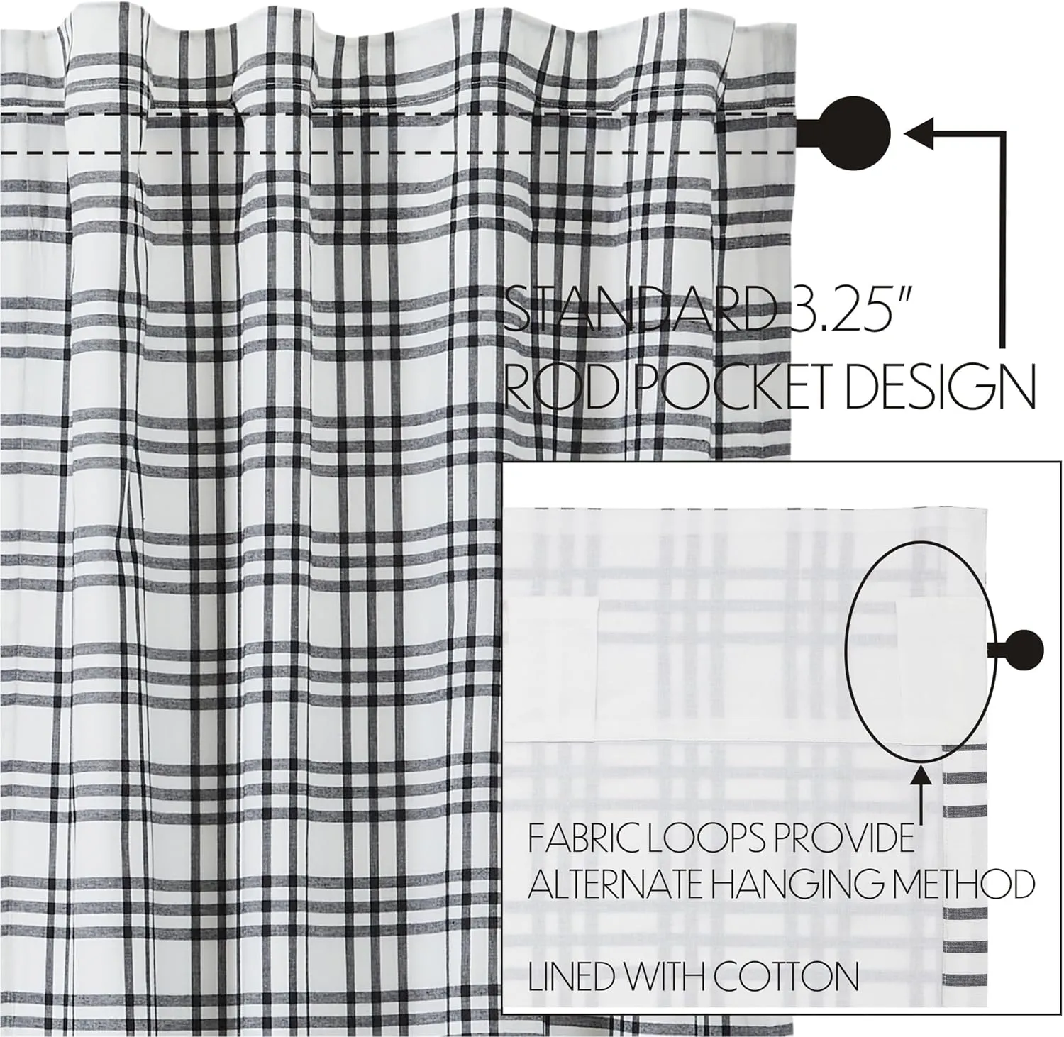 VHC Brands Sawyer Mill Plaid Prairie Short Panel, Black, 63x36x18, Set of 2