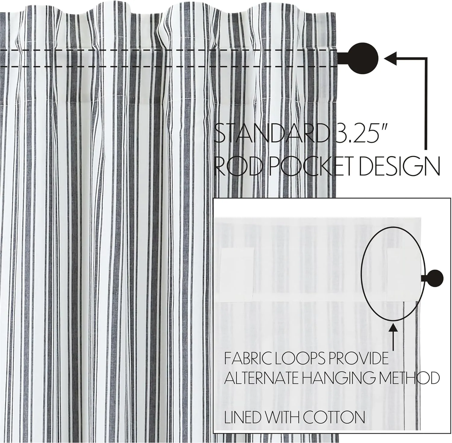 VHC Brands, Sawyer Mill Ticking Stripe Prairie Panel, Black, 63x36x18, Set of 2
