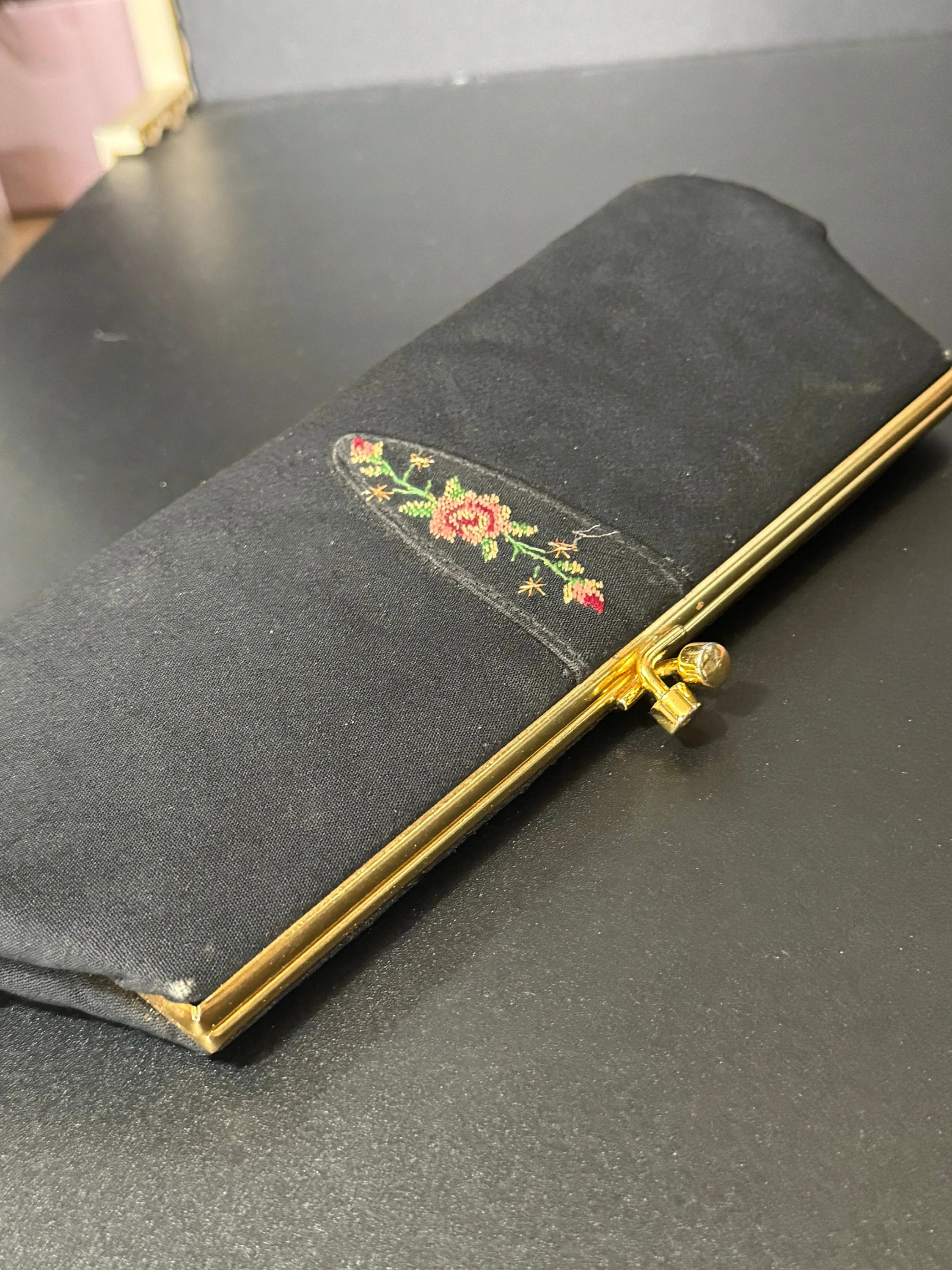 Vintage black crepe Evening Bag Purse with floral petit point embroidery mid century