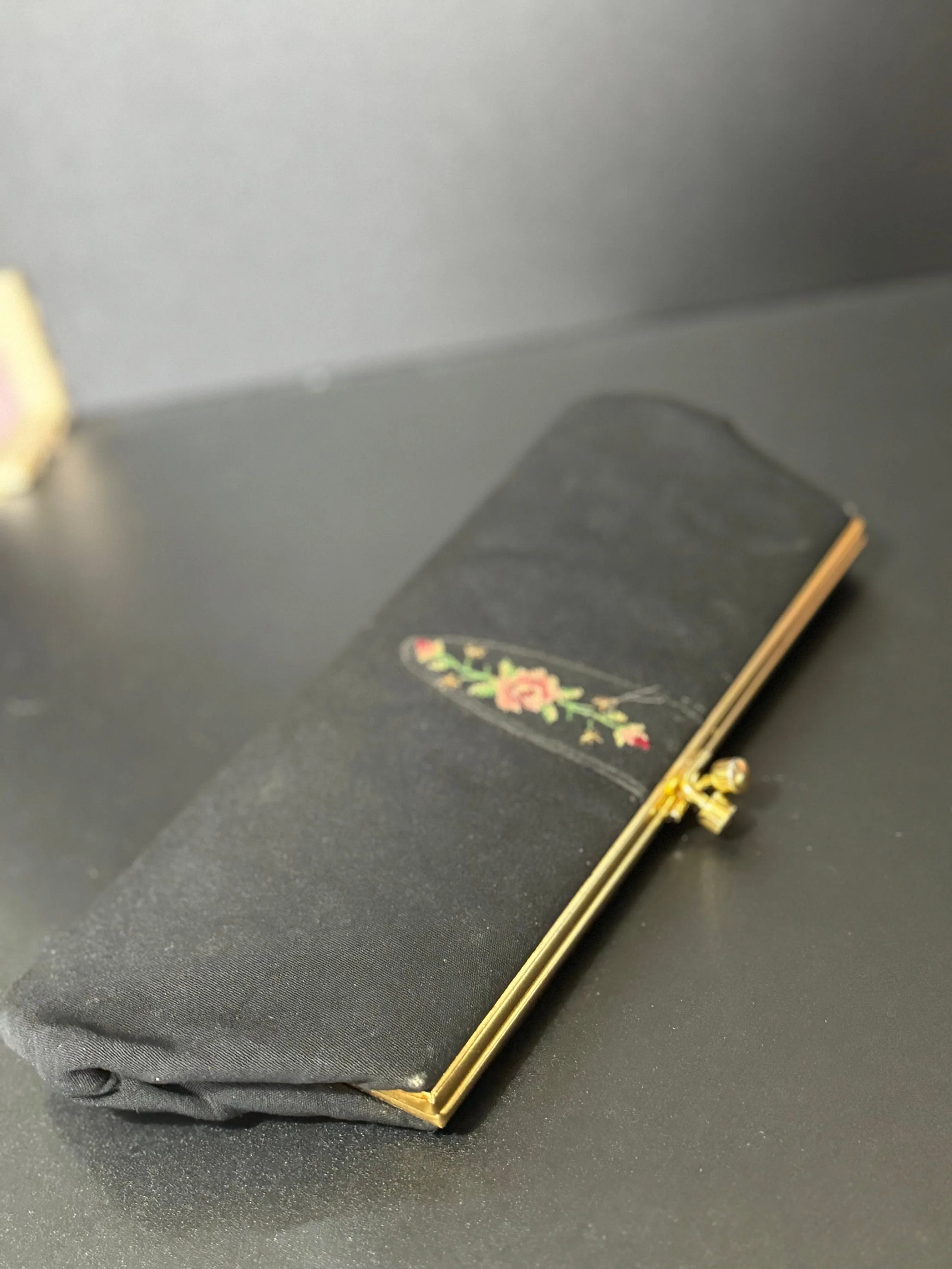 Vintage black crepe Evening Bag Purse with floral petit point embroidery mid century