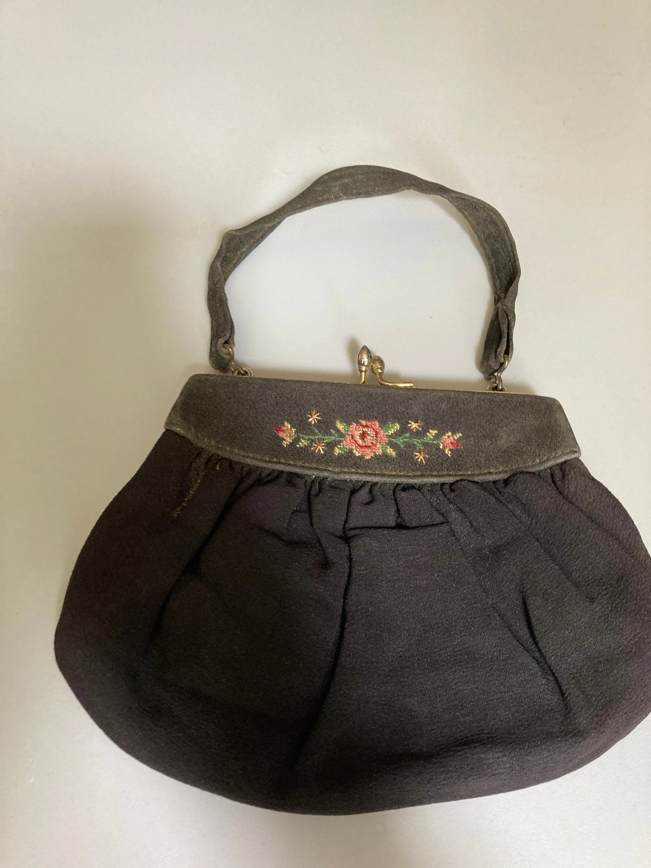 Vintage black crepe Evening Bag Purse with floral petit point embroidery mid century